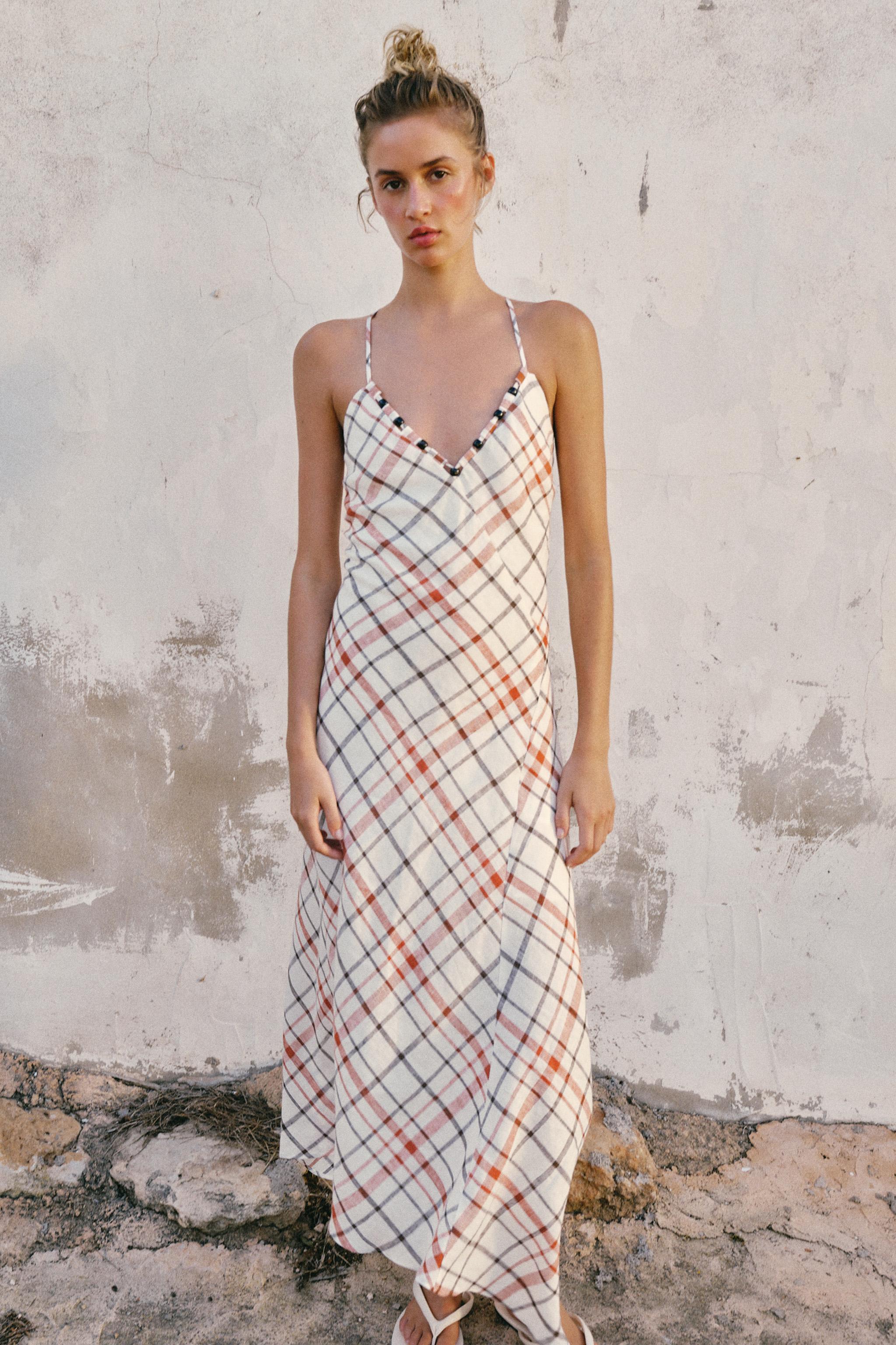 PLAID LINEN BLEND MIDI DRESS
